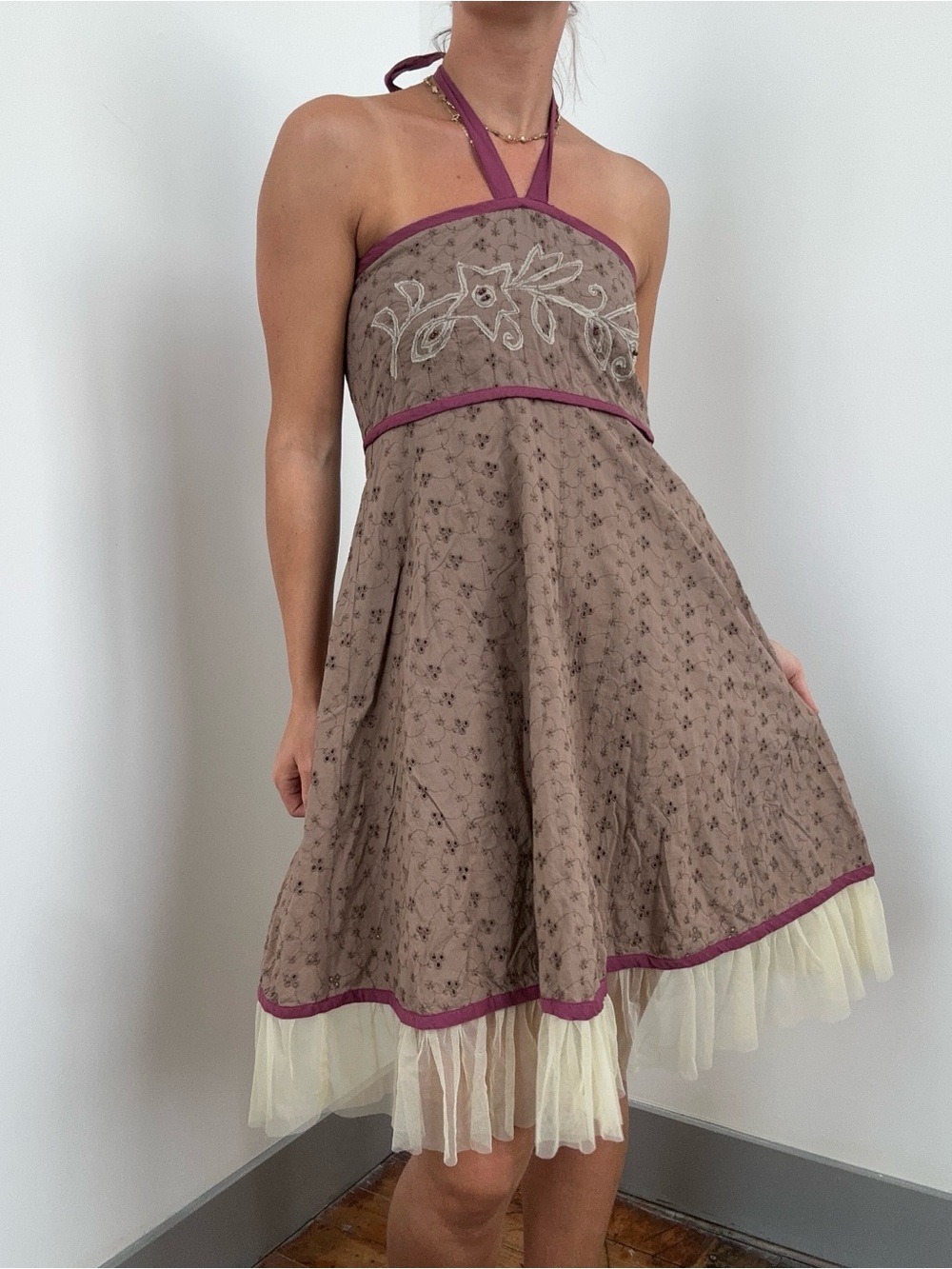 Funky People Brown Halter Dress with Magenta Trim and Cream Tulle